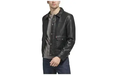 Levis Levi's Solid Color Single Breasted Lapel Trucker Leather Shirt Jacket Men's Black