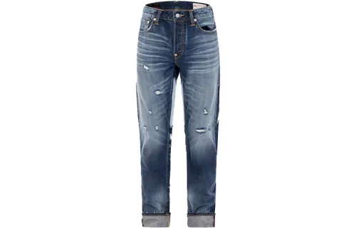 EVISU Buddha head patchwork ripped slim fit jeans for men, denim blue