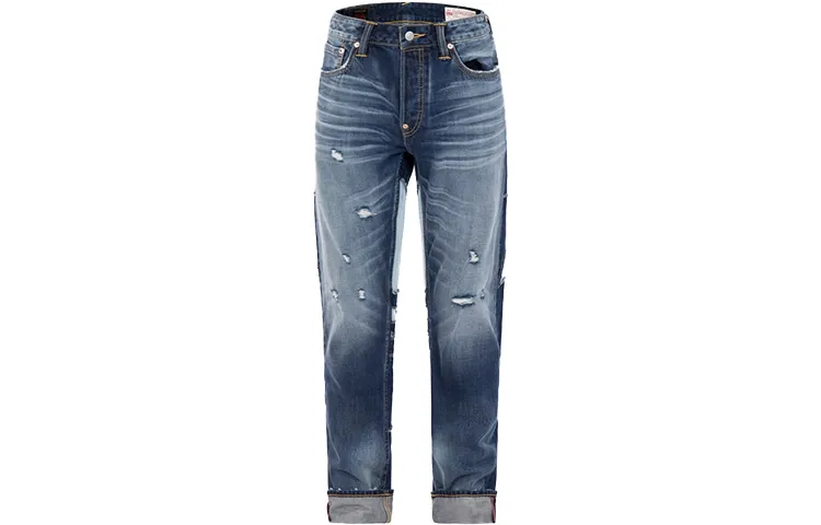 EVISU Buddha head patchwork ripped slim fit jeans for men, denim blue