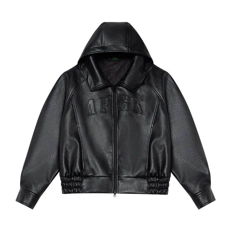 AFGK Leather Jackets Unisex Black Hooded Thickened