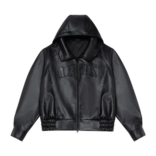 AFGK Leather Jackets Unisex Black Hooded Thickened