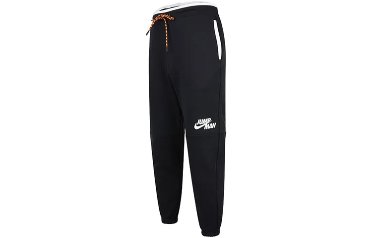 Jordan Vintage Patchwork Logo Print Fleece Lined Thermal Elastic Cuff Knitted Sweatpants Men's Black