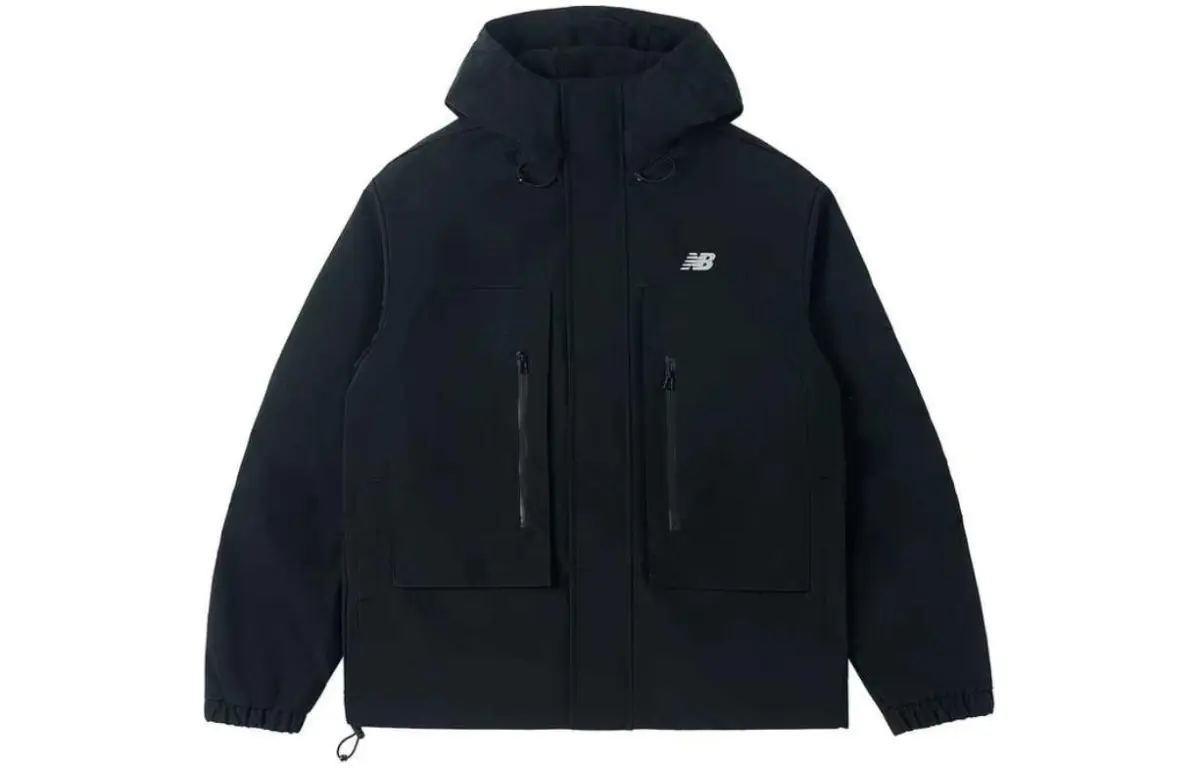 New Balance Solid Color Fleece Lined Casual Outdoor Hooded Multi Pocket Jackets & Coats Men's Black