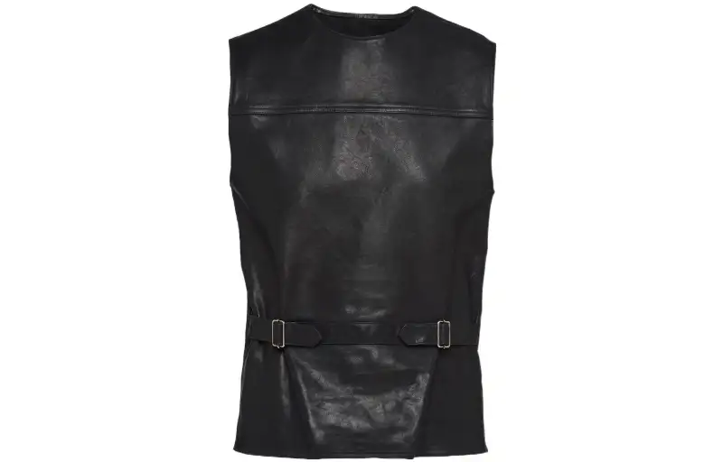 PRADA Leather Jackets Men's Black Crew Neck Moderate