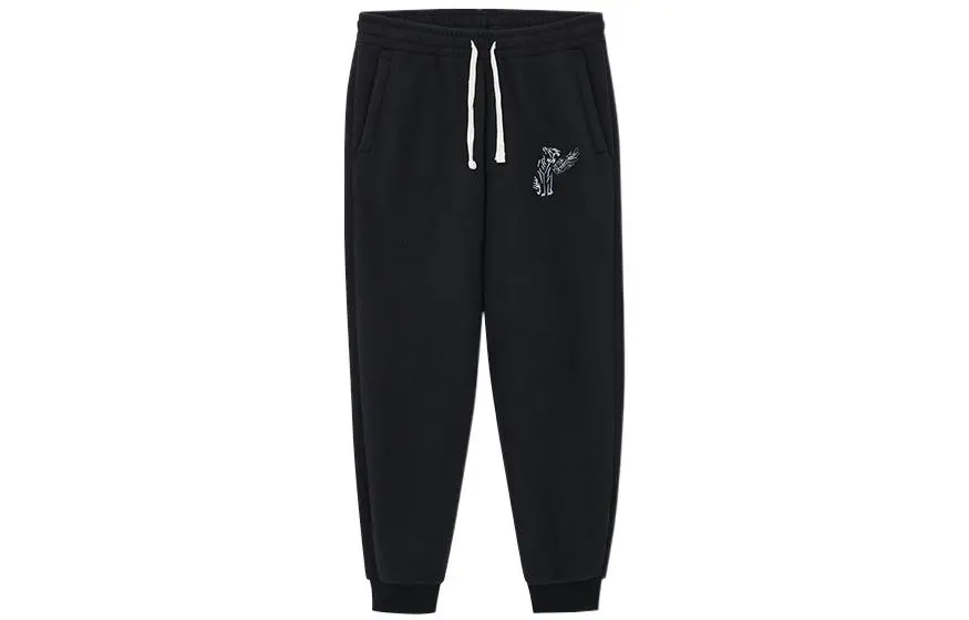 New Era Solid Color Fleece Lined Elastic Cuff Casual Pants Unisex Black