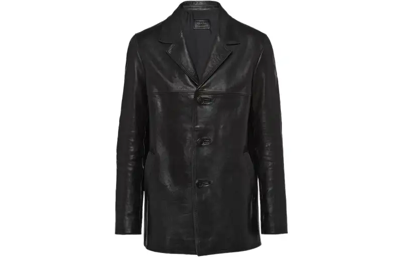 PRADA Leather Jackets Men's Black Suit Collar Moderate