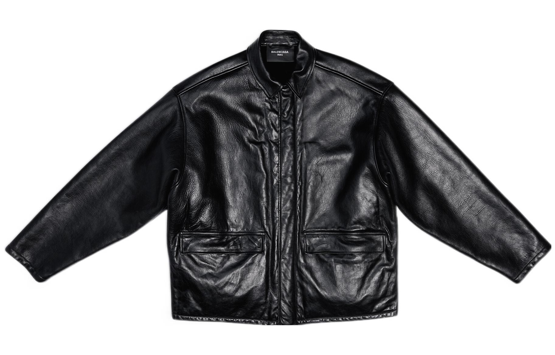 Balenciaga Leather Jackets Men's Black Stand Collar Moderate