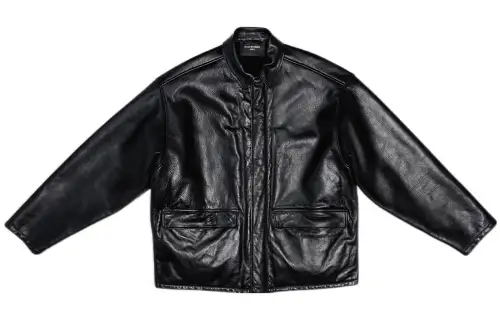 Balenciaga Leather Jackets Men's Black Stand Collar Moderate