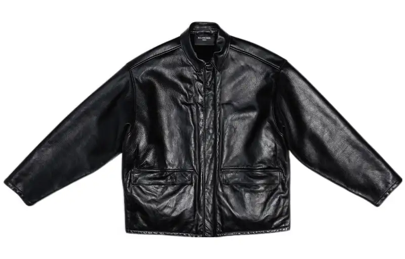 Balenciaga Leather Jackets Men's Black Stand Collar Moderate