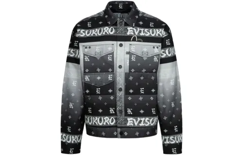 EVISU Jackets Men's Black All Over Print Lapel Moderate Other