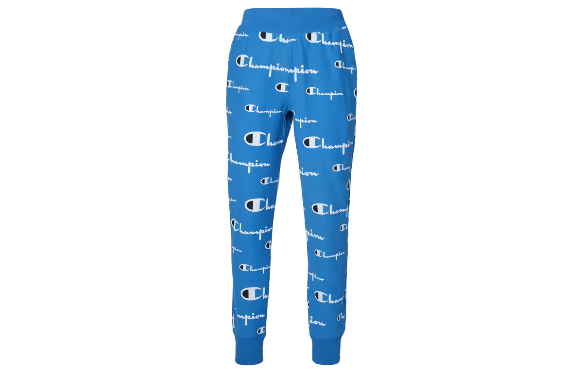Champion All Over Print Logo Sweatpants With Fleece Lining Knitted Sweatpants Unisex Light Blue