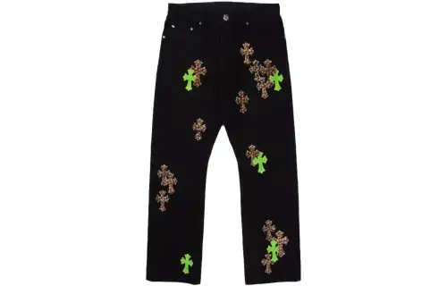 Chrome Hearts Green & Leopard Cross Patch Jeans