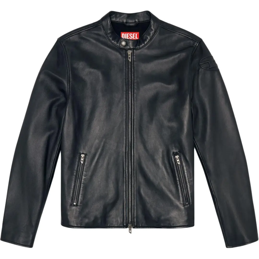 DIESEL L Carver Logo Embossed Leather Biker Jacket