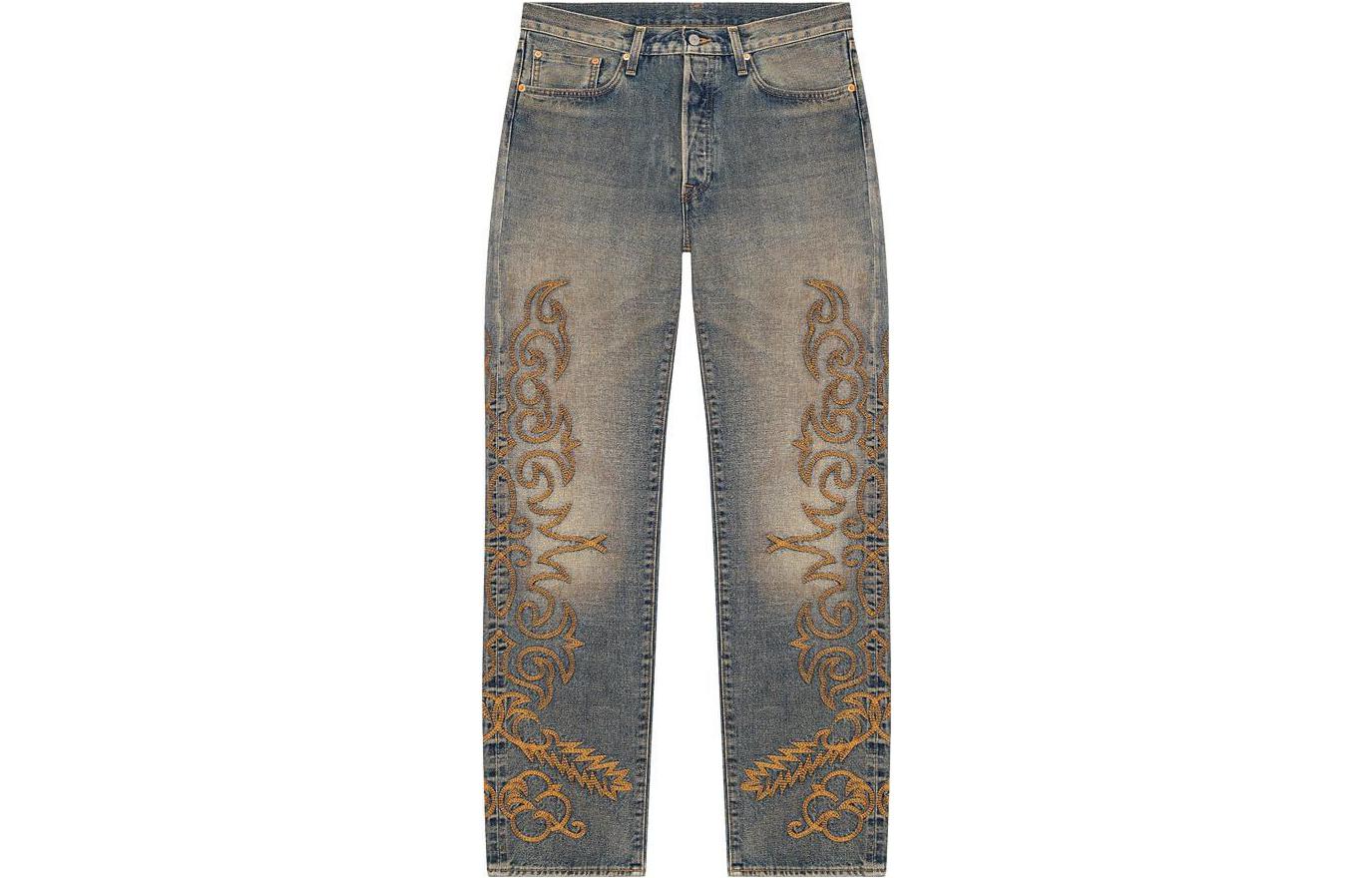 Denim Tears Denim Tears x Levis joint series x Levis joint model FW23 washed distressed pattern embroidered jeans, same style for men and women, blue