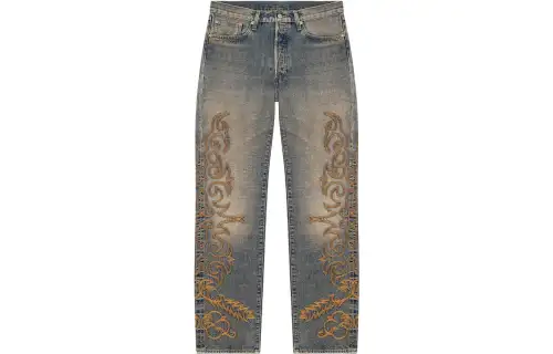 Denim Tears Denim Tears x Levis joint series x Levis joint model FW23 washed distressed straight pattern embroidered jeans for men and women, blue