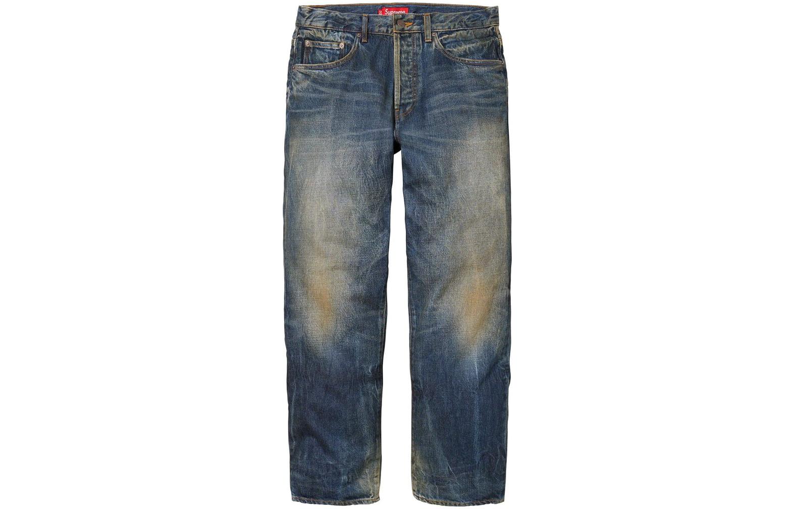 Supreme FW23 autumn and winter series DISTRESSED LOOSE FIT SELVEDGE JEAN distressed loose washed retro jeans, same style for men and women