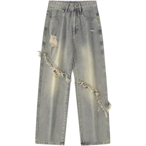 Crayon Shinchan Crayon Shin-chan retro washed distressed cut raw edge ripped brand small label loose straight jeans, same style for men and women