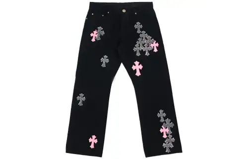 Chrome Hearts Pink & Checkered Cross Patch Fleurknee Jeans