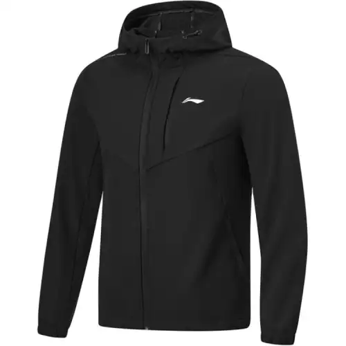 Li Ning Fitness Series Solid Color Zipper Hooded Comfortable Fleece Lined Thermal Sports Trench Coat Men's Black