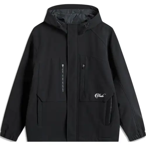 LiNing WOW Wade series water-repellent comfortable casual hooded zipper letter printed velvet windbreaker male black