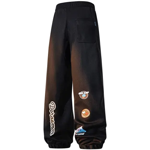 DoraemonA Asymmetrical Cartoon Logo Print Fleece Lined Loose Fit Casual Elastic Cuff Knitted Sweatpants Unisex