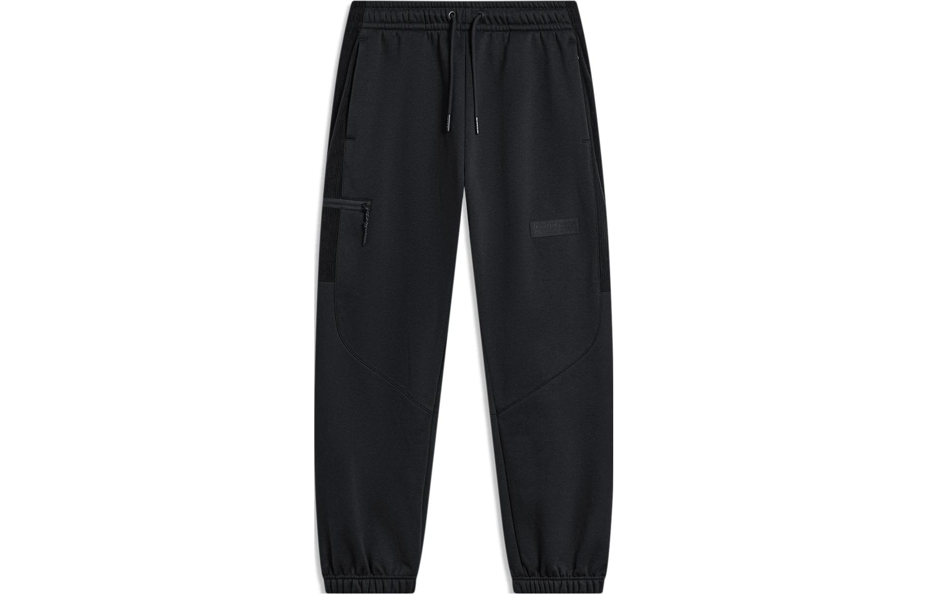 LiNing Wade series solid color mid-waist and legged casual and versatile plus velvet knitted sweatpants, men's black