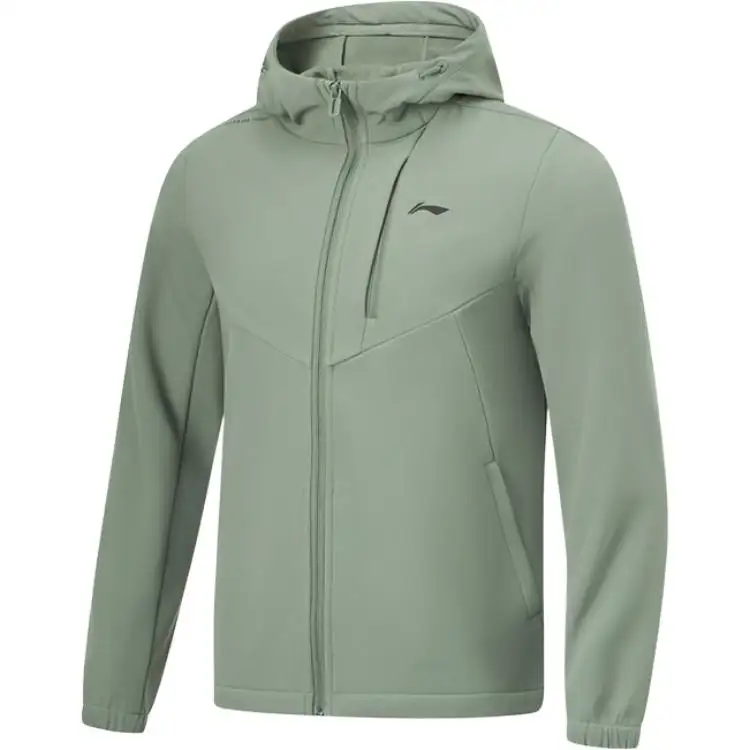 Li Ning Fitness Series Solid Color Zipper Hooded Comfortable Fleece Lined Thermal Sports Trench Coat Men's Gray Green