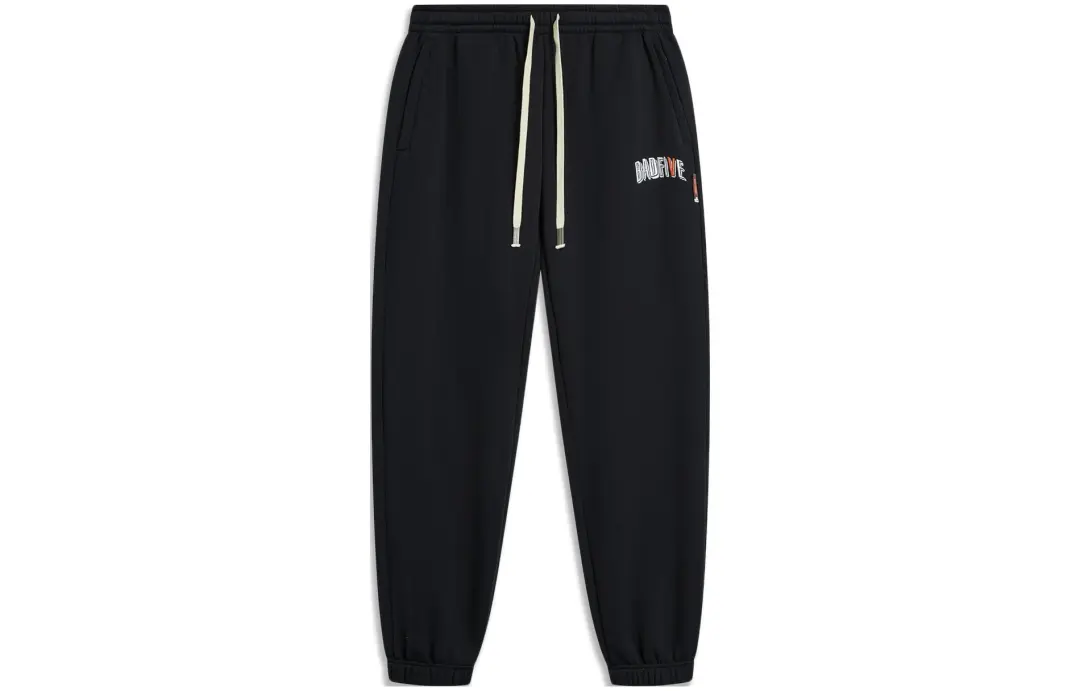 Li Ning BADFIVE Solid Color Mid Rise Elastic Cuff Casual Versatile Fleece Lined Knitted Sweatpants Men's Black