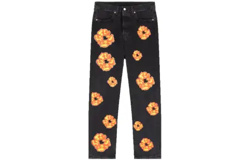 Denim Tears X OFFSET joint model FW23 SET IT OFF album peripheral limited edition straight jeans with explosion flame kapok LOGO printed all over, same style for men and women, black