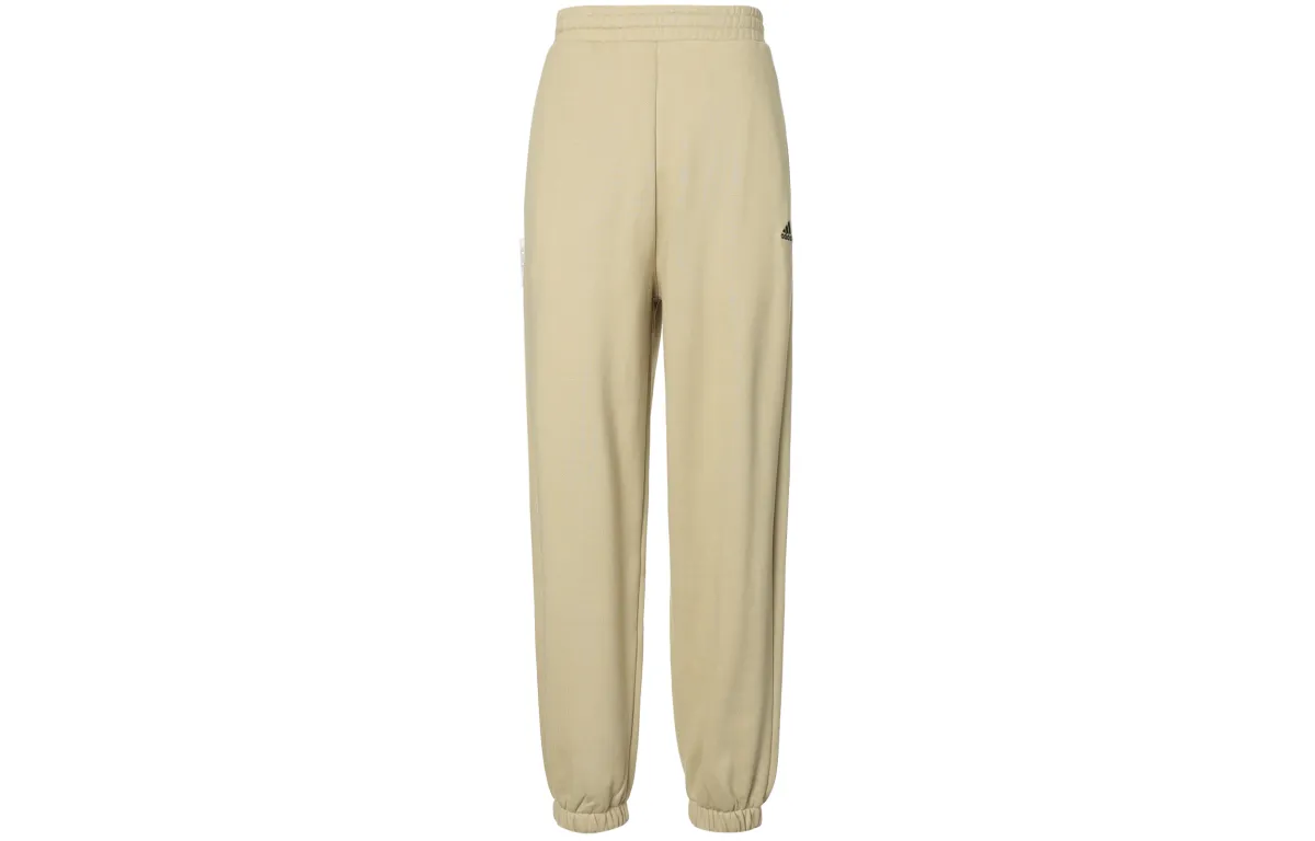 Adidas Solid Color Logo Label Thickened And Fleece Lined Elastic Cuff Loose Fit Knitted Sweatpants Unisex Light Khaki