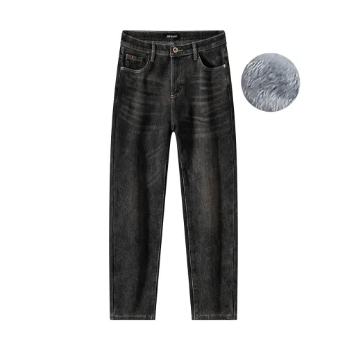 JEANSWEST Jeans Men's Black Thickened And Fleece Lined Straight Fit Pants