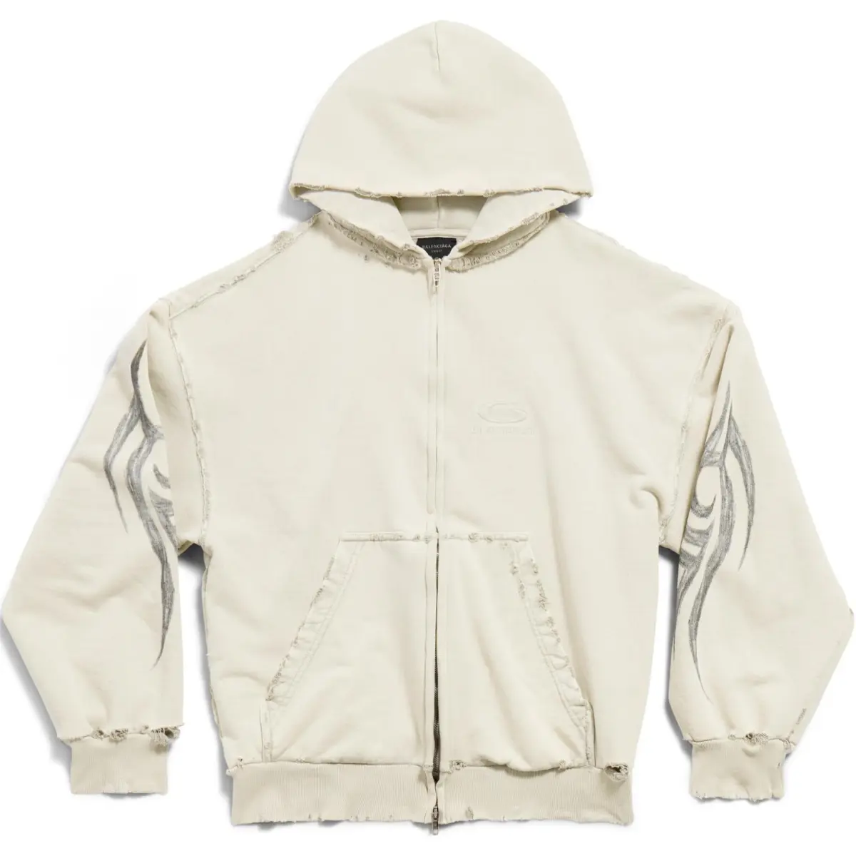 Balenciaga Distressed Logo Embroidered Zip Hoodie