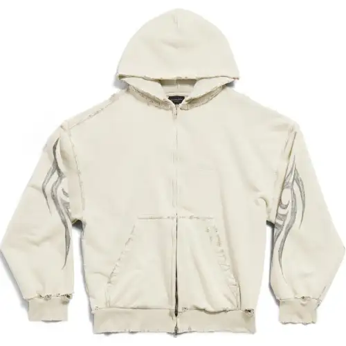 Balenciaga Distressed Logo Embroidered Zip Hoodie