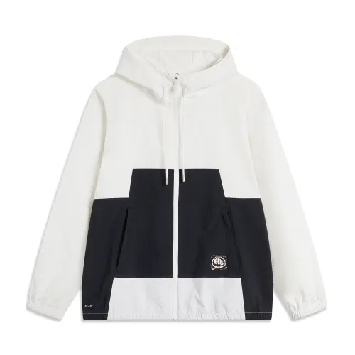 Li Ning, sports basketball windproof cardigan with hood, cream white black sun protection clothing, loose fit