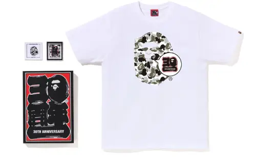 BAPE Store Maebashi 30Th Anniv 30th anniversary ape pattern printed round neck short-sleeved T-shirt suit men's white gray