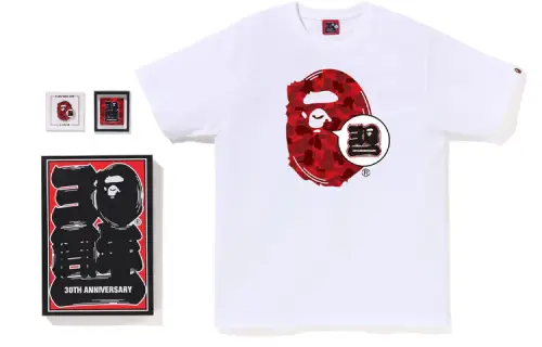 BAPE Store Maebashi 30Th Anniv 30th Anniversary Commemorative Model SS23 Ape Pattern Printed Round Neck Pullover Short Sleeve T-Shirt Set Men's White Red