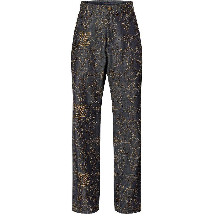 Lv Embroidered Denim Pants