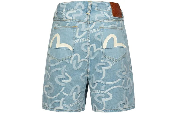 Fukushen EVISU all-over seagull jacquard and printed pockets extra wide denim shorts for men