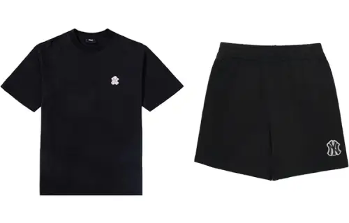 MLB Short sleeve T-shirt with a round collar, black set for men and women, logo embroidery service, loose straight fit