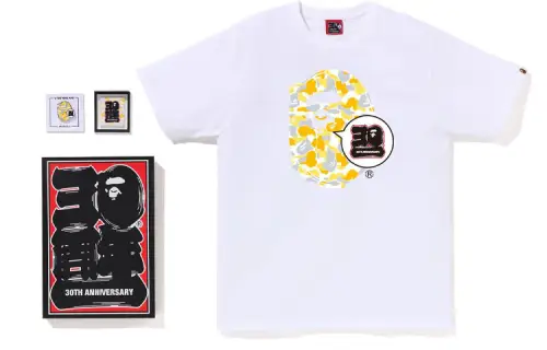 BAPE Store Maebashi 30Th Anniv 30th anniversary ape pattern printed round neck pullover short-sleeved T-shirt suit men's white gray yellow