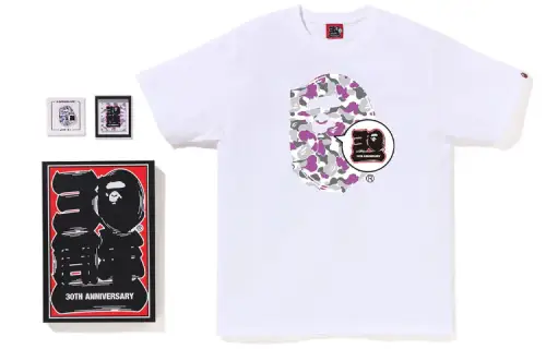 BAPE Store Maebashi 30Th Anniv 30th anniversary ape pattern printed round neck pullover short-sleeved T-shirt suit for men, white and purple