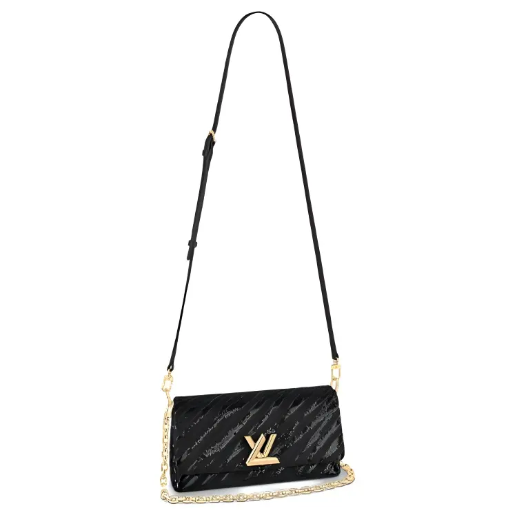 LOUIS VUITTON Twist Satin Embroidery Sequins With Calfskin Portable Crossbody Bag, Shoulder Bag Women's Black