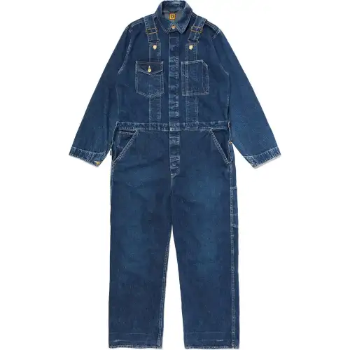 HUMAN MADE FW24 Denim Series Multi-pocket heart-shaped embroidered shoulder straps multi-pocket denim jumpsuit, same style for men and women, indigo