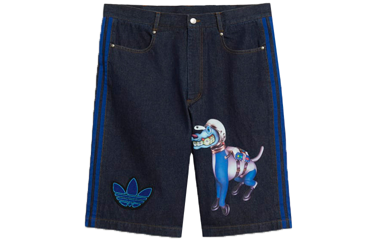 Adidas originals Clover x Kerwin Frost joint model cartoon print striped denim shorts men's blue