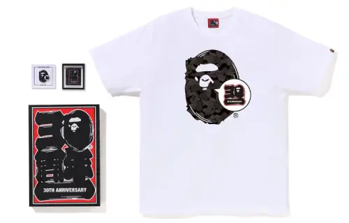 A BATHING APE Store Maebashi 30Th Anniv 30th anniversary commemorative model ape pattern printed round neck pullover short-sleeved T-shirt casual sports suit men's white and black