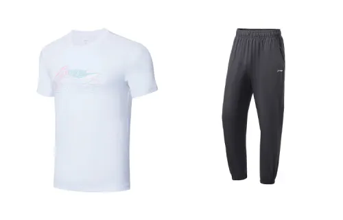 Li Ning Casual Sportswear Men's Set White Top+Surface Gray Bottom Crew Neck Moderate