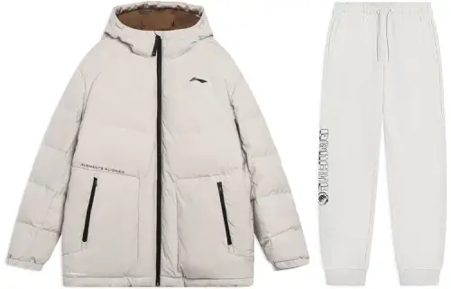 Li Ning Casual Sportswear Men's Set Wind Chime Gray Down Jacket+Heather Gray Pants Hooded Moderate