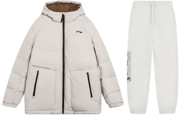 Li Ning Casual Sportswear Men's Set Wind Chime Gray Down Jacket+Heather Gray Pants Hooded Moderate