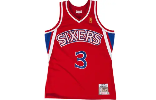 Mitchell & Ness NBA Retro Sports Color Block Letter Print Basketball Vest AU Player Version 1996-97 Season Philadelphia 76ers Iverson No. 3 Second Away Game Unisex Red