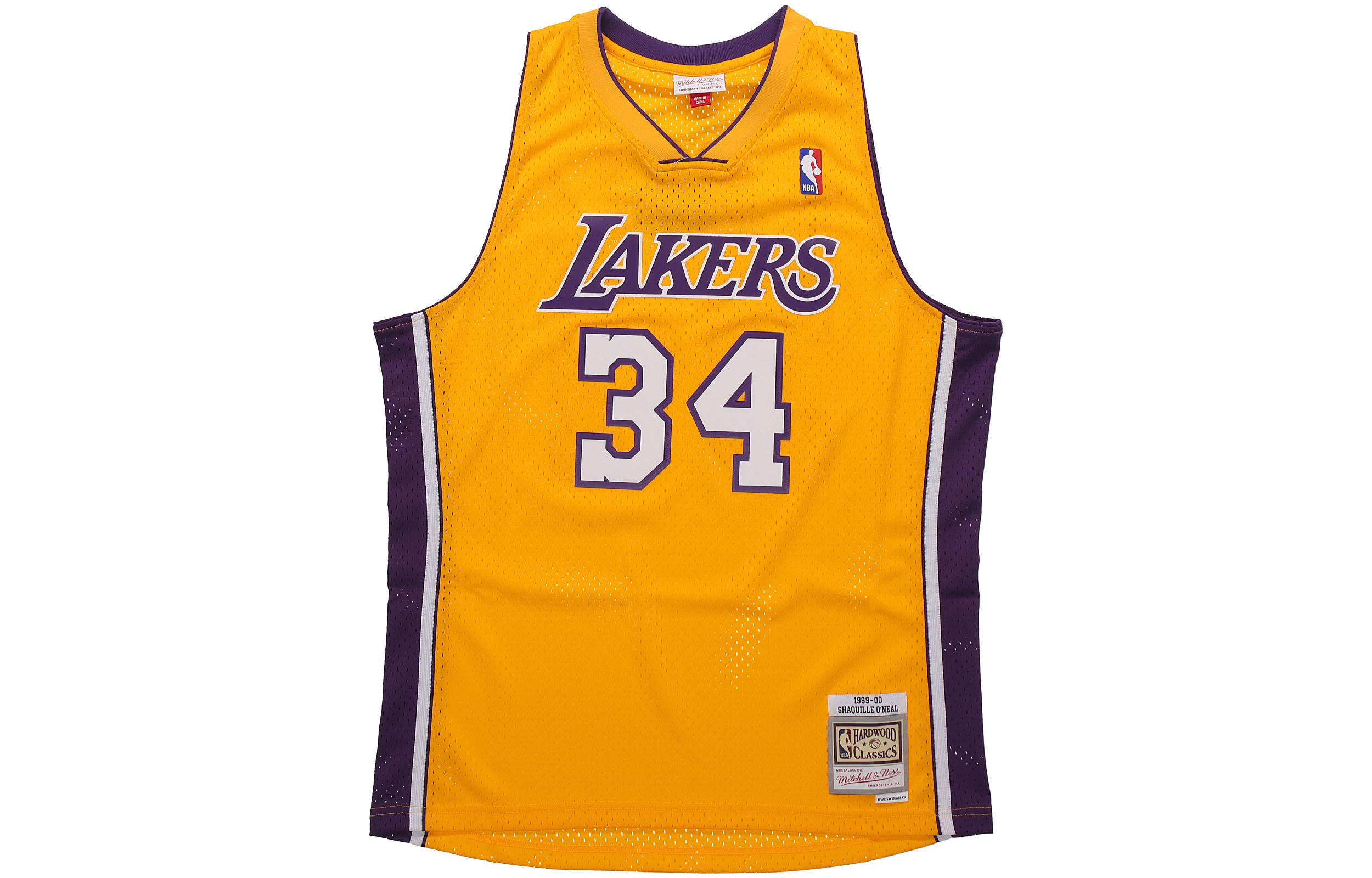 Mitchell & Ness x NBA SW Fan Edition 1999-00 Season Los Angeles Lakers Home Shaquille O'Neal No. 34 Retro Sports Jersey Basketball Vest Same Style for Men and Women Yellow